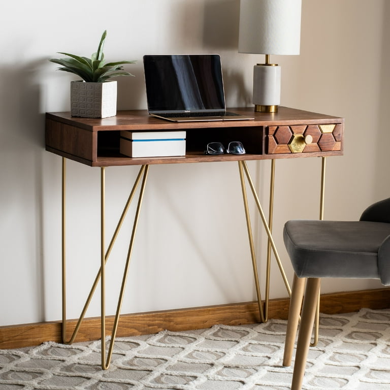 SAFAVIEH Raveena Mid Century w Drawer Writing Desk Walnut Brass