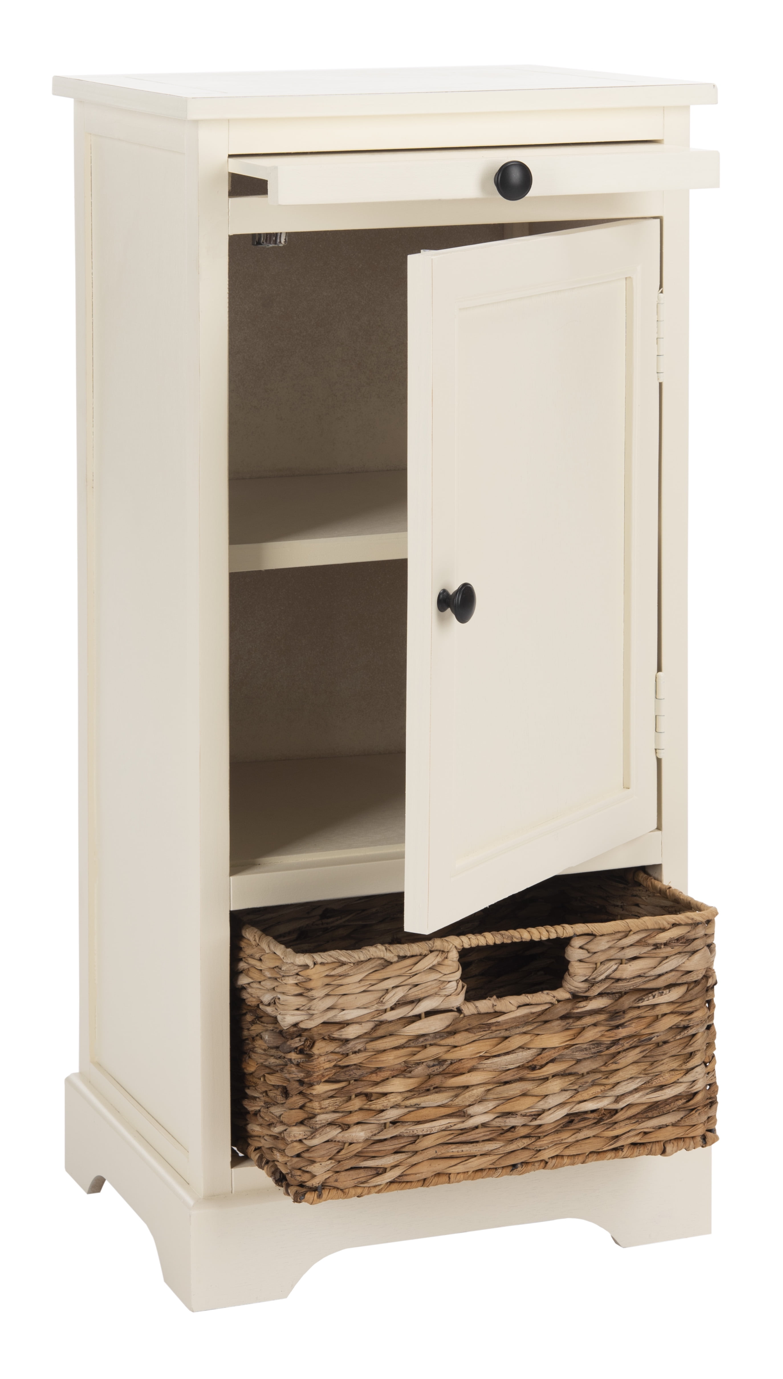 SAFAVIEH Raven Solid Tall Storage Unit with Pullout Table and Basket, Distressed Cream