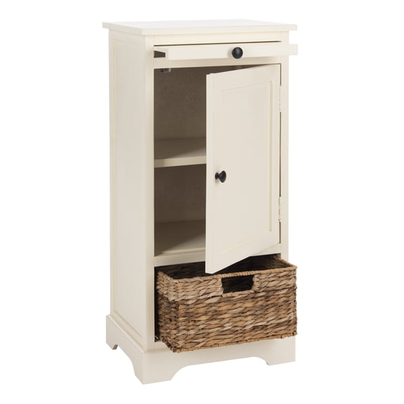 SAFAVIEH Raven Solid Tall Storage Unit with Pullout Table and Basket, Distressed Cream