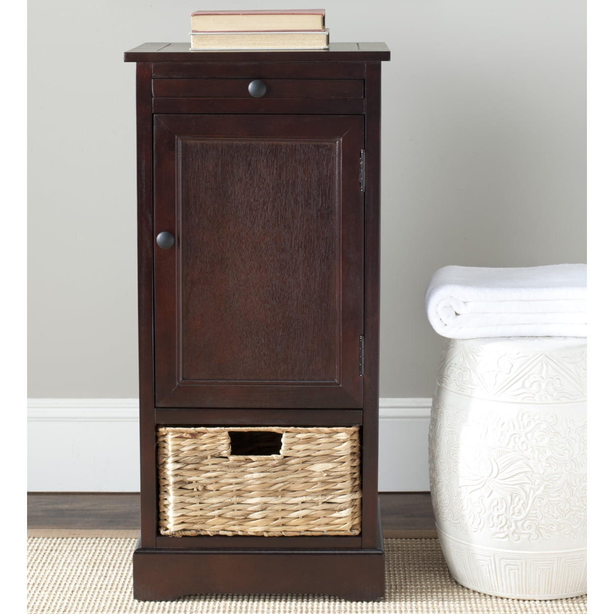 Dark Cherry Tall Accent Cabinet with Woven Basket