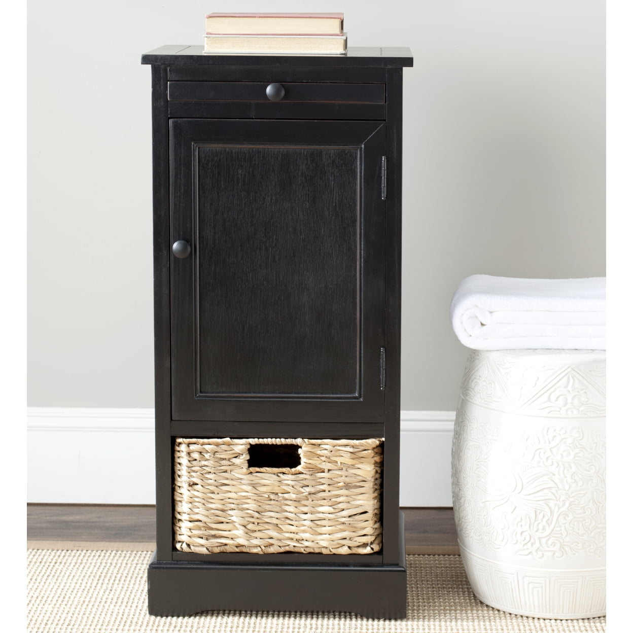 Raven Distressed Black Tall Transitional Storage Unit with Pull-Out Basket