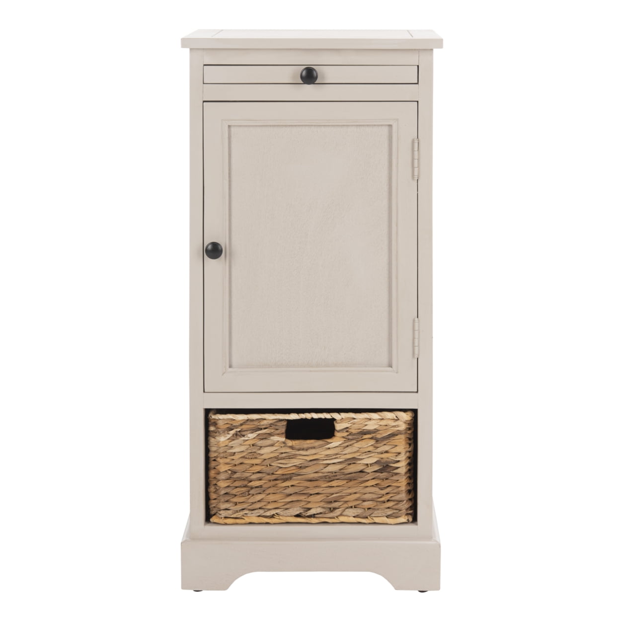 Transitional Vintage Grey Pine Storage Unit with Woven Basket