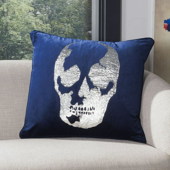 SAFAVIEH Rayen Skull 20" x 20" Graphic Print Plush Pillow, Dark Blue/Silver