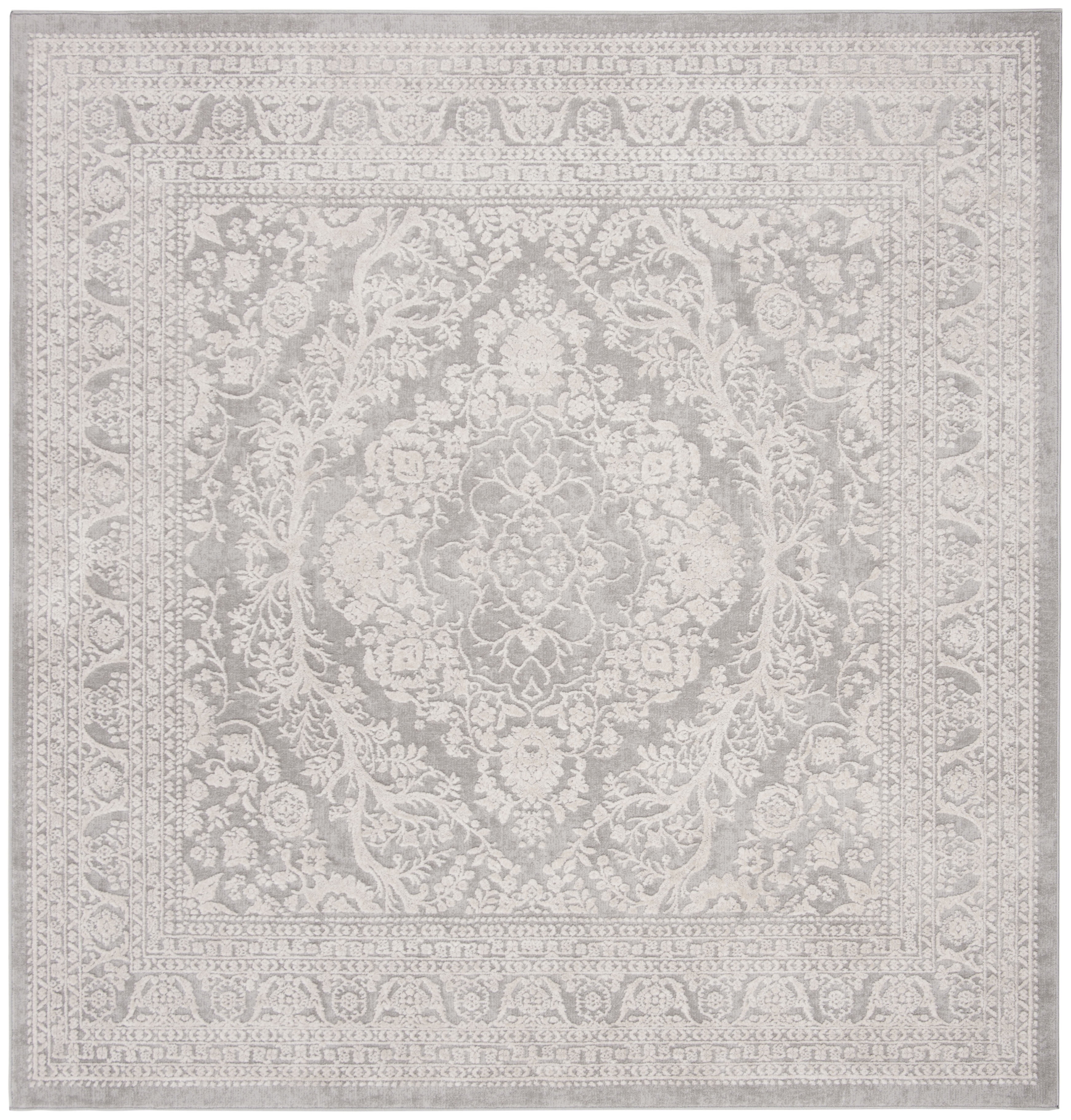 Light Grey and Cream Floral Square Synthetic Area Rug