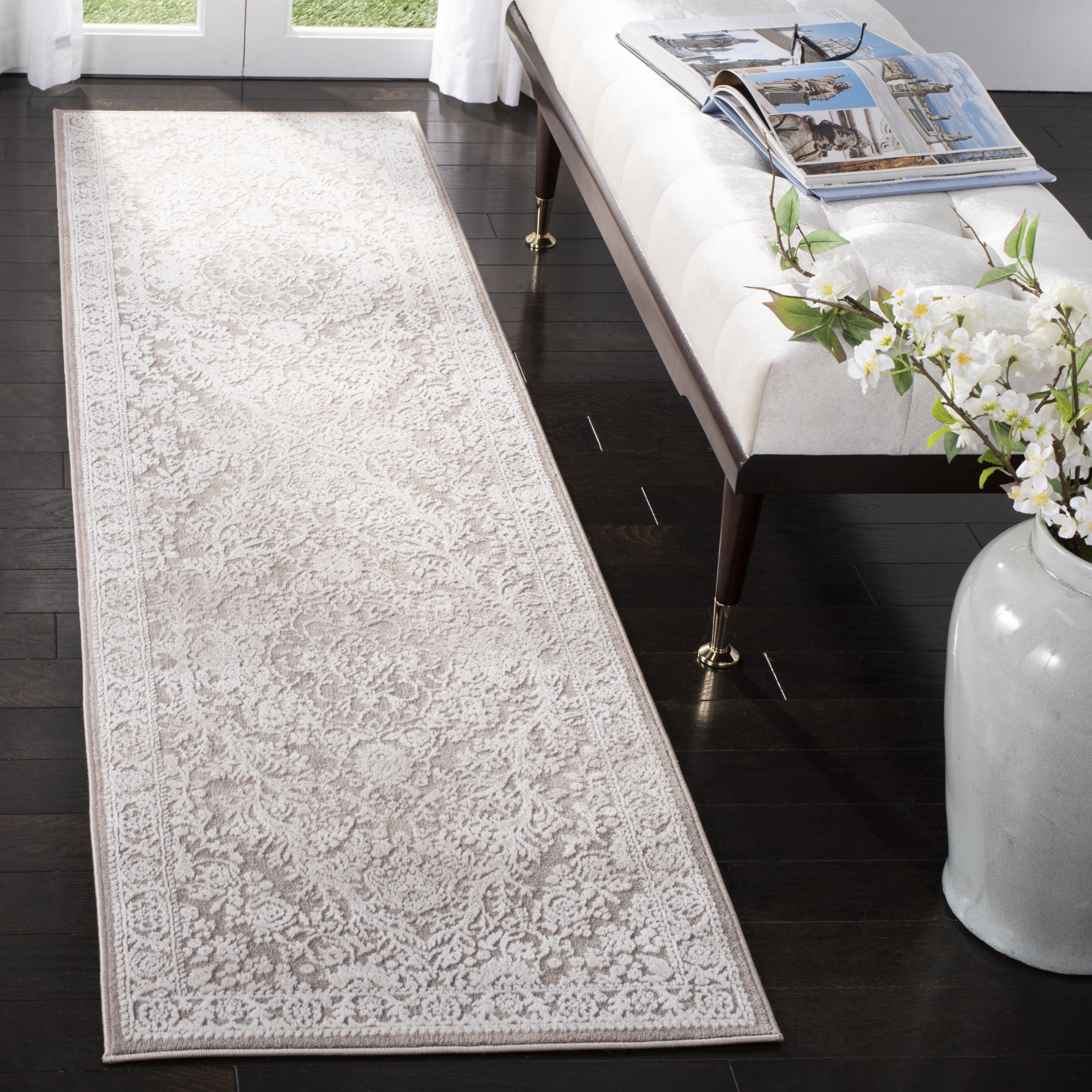 Beige and Cream Floral Motif Runner Rug