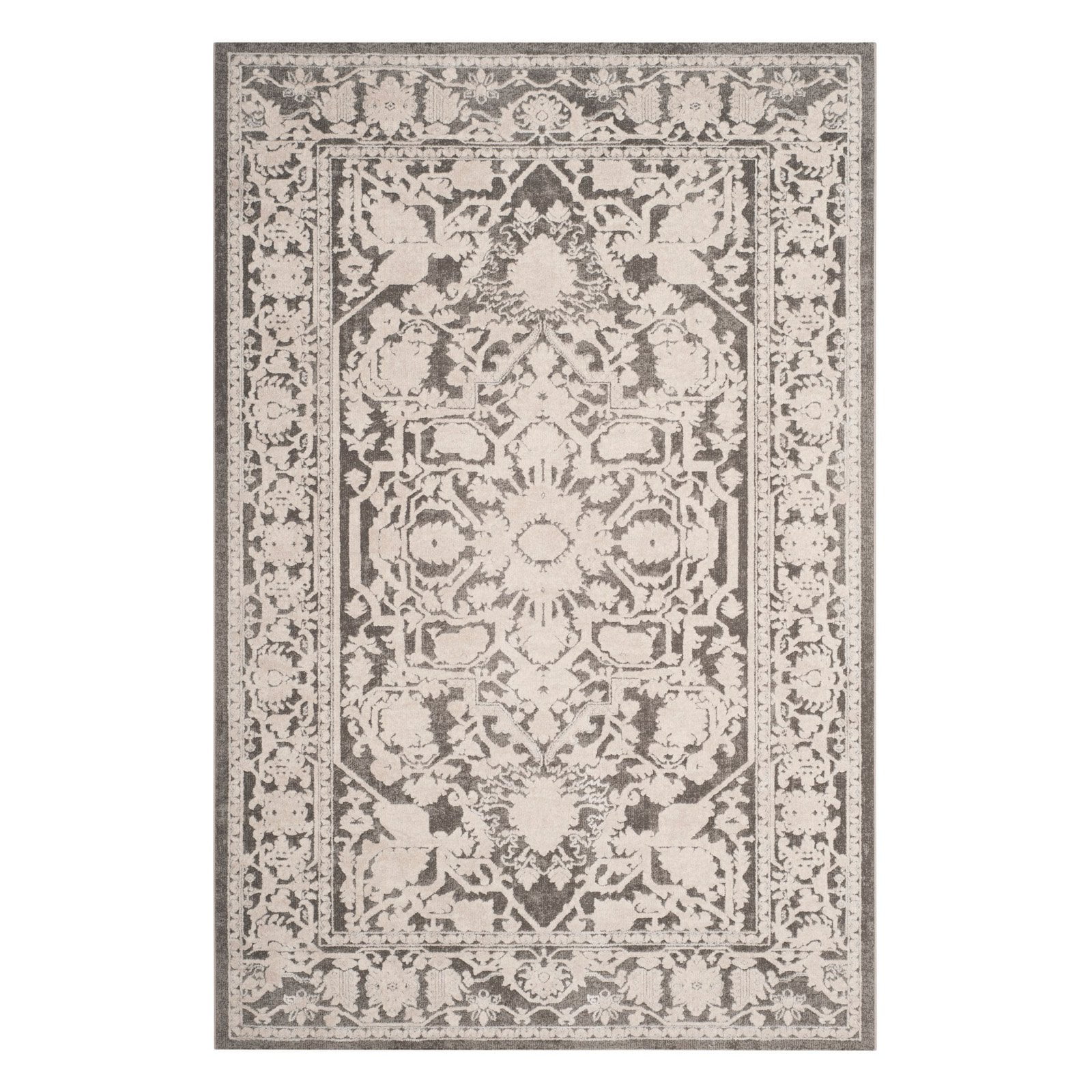 Dark Grey and Cream Floral Rectangular Area Rug