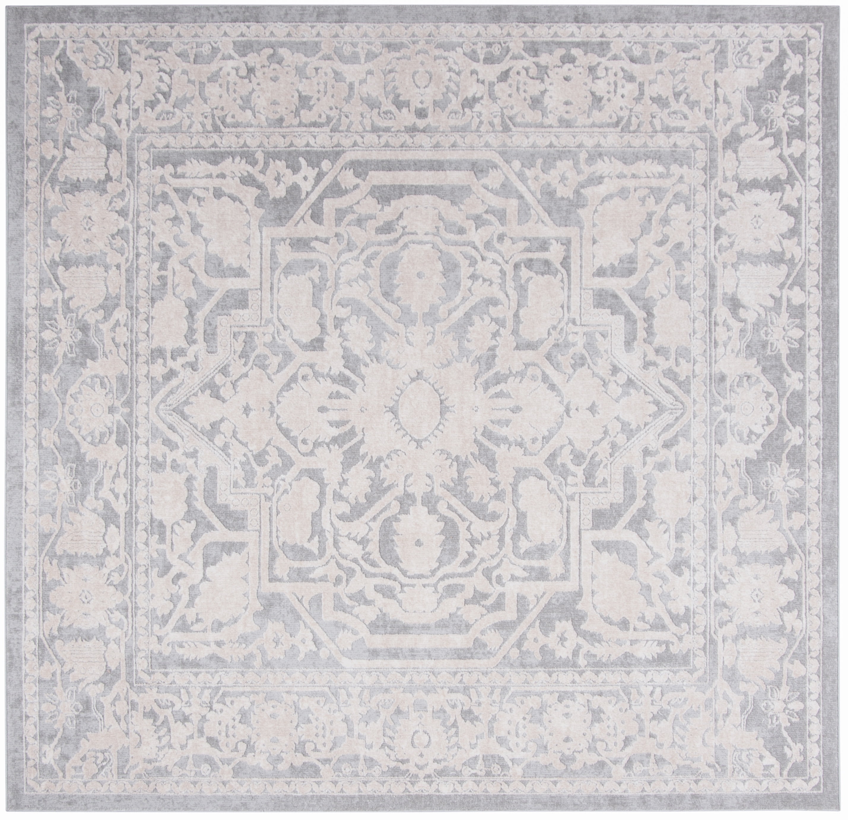 Light Grey and Cream Floral Square Synthetic Area Rug