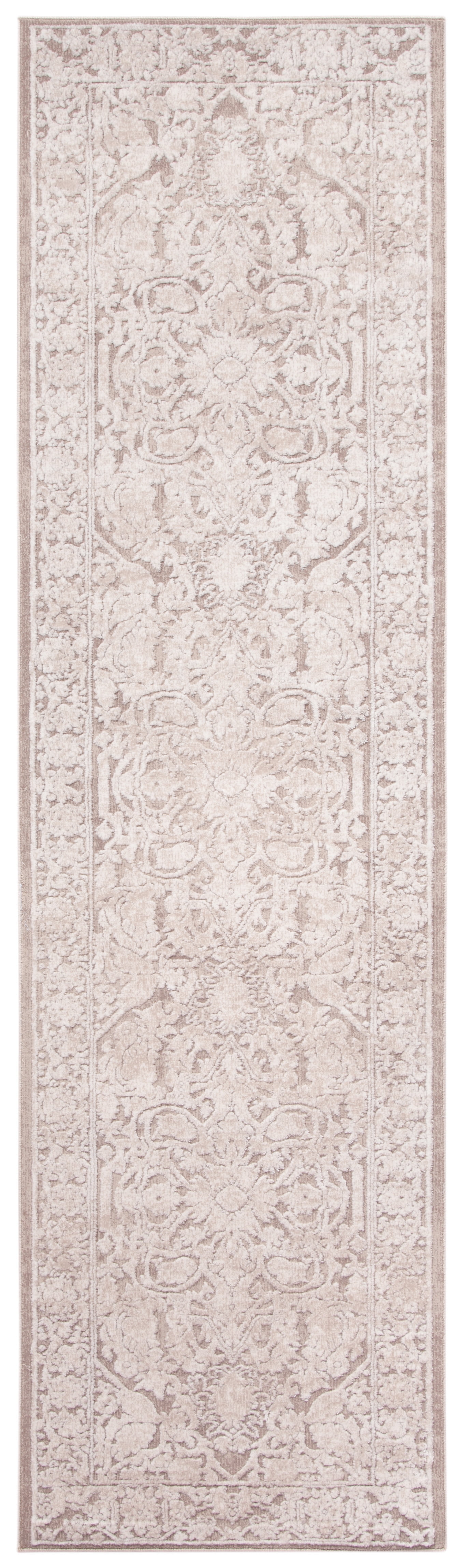 Beige and Cream Floral Hand-Knotted Runner Rug