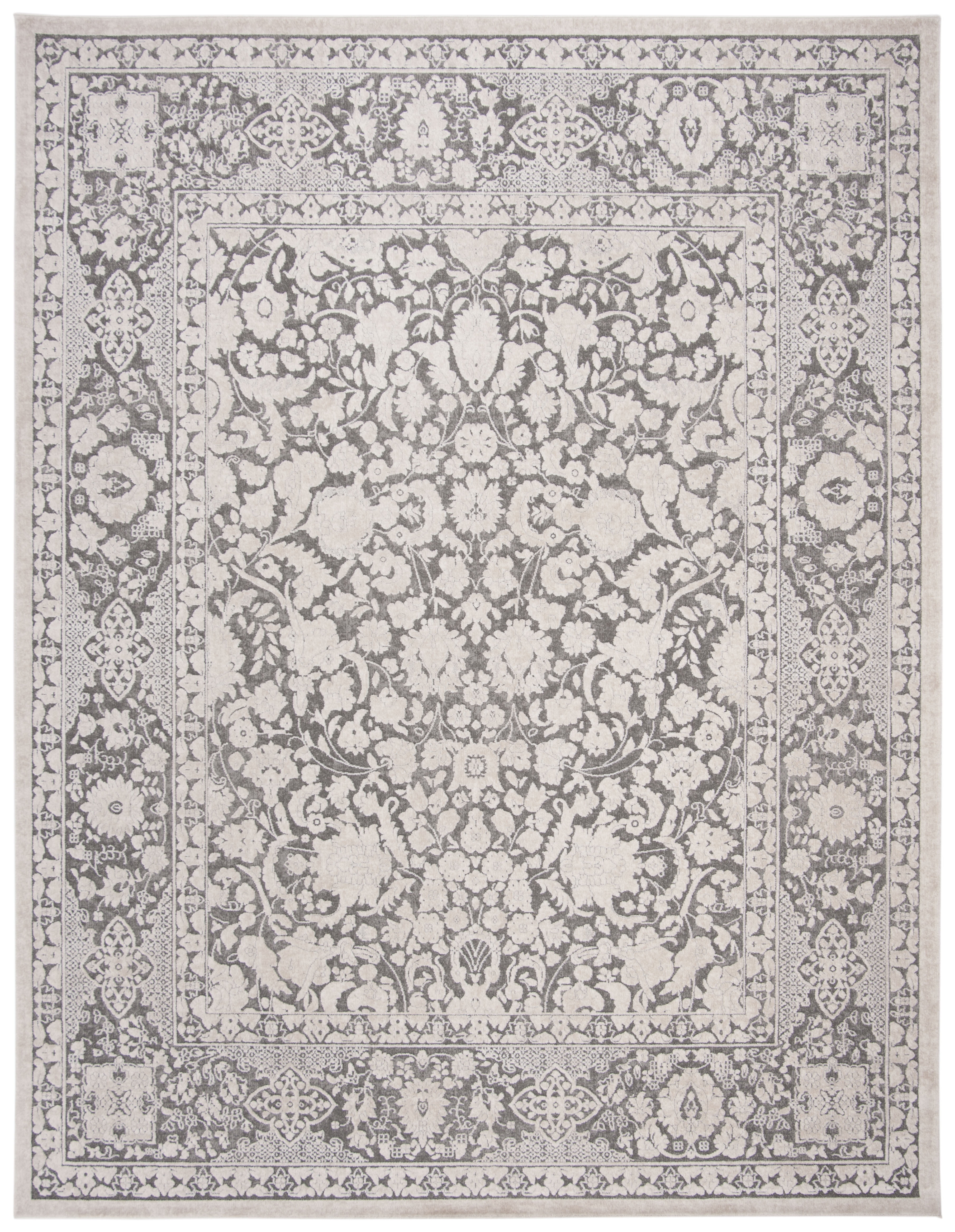 Elegant Floral Charm Dark Grey and Cream 9' x 12' Synthetic Area Rug