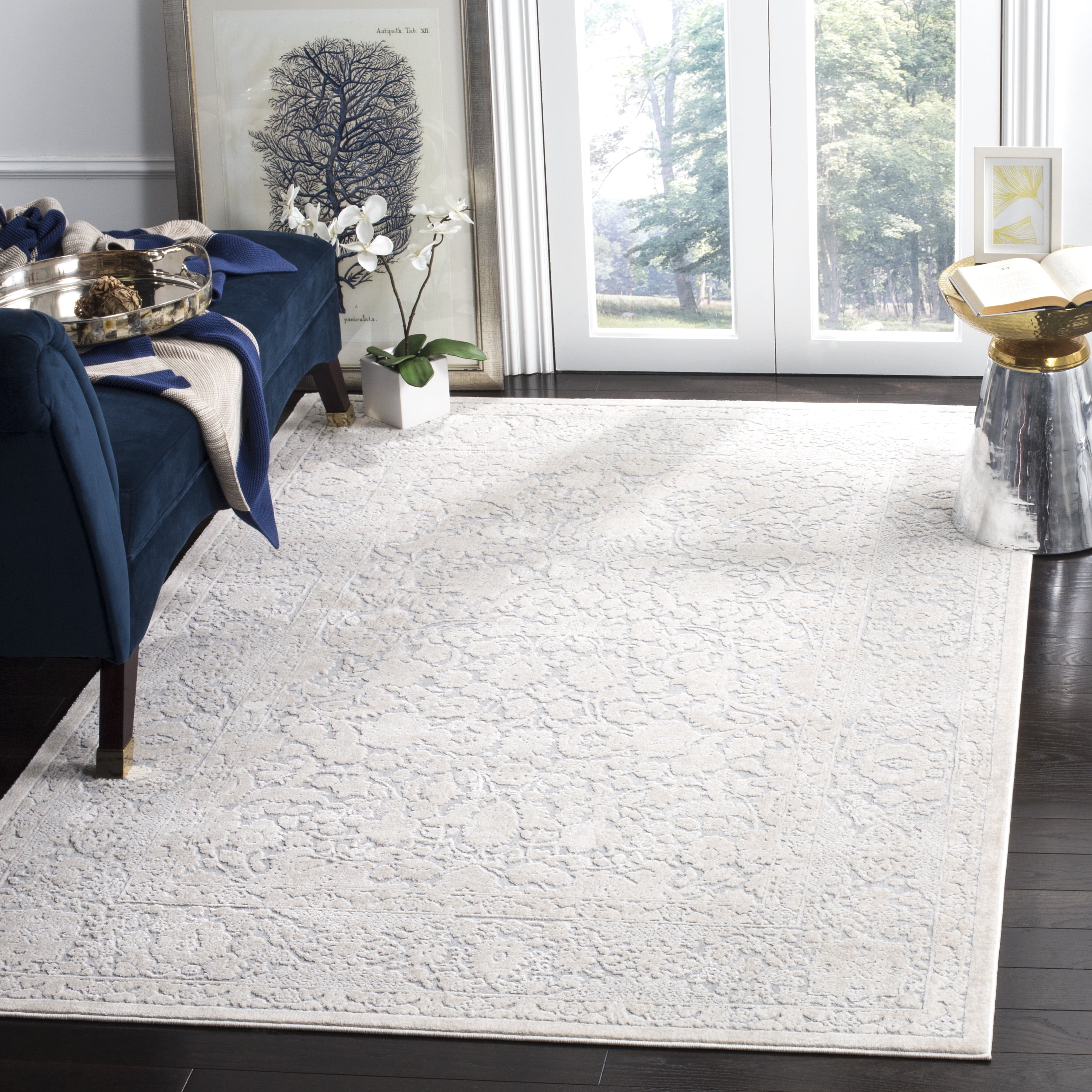 Light Grey and Cream Floral Synthetic 4' x 6' Area Rug