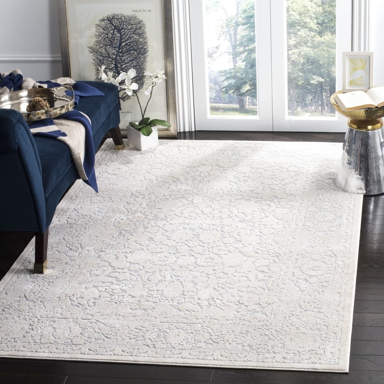 Elegant Floral Essence Light Grey/Cream Synthetic Area Rug - 8' x 10'
