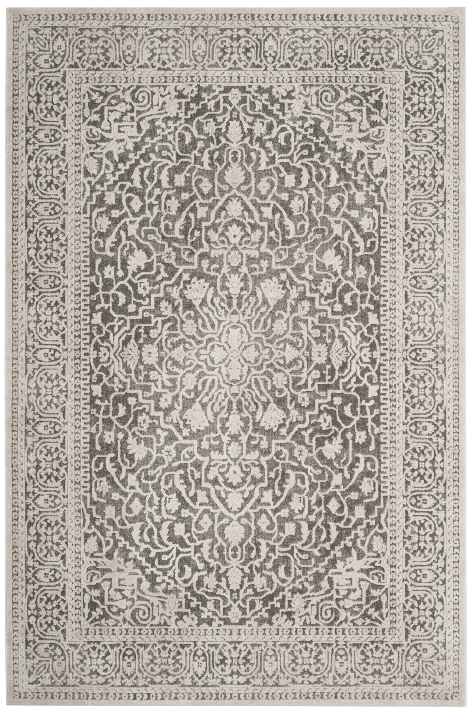 Elegant Gray and Cream Floral Synthetic Hand-Knotted Rug