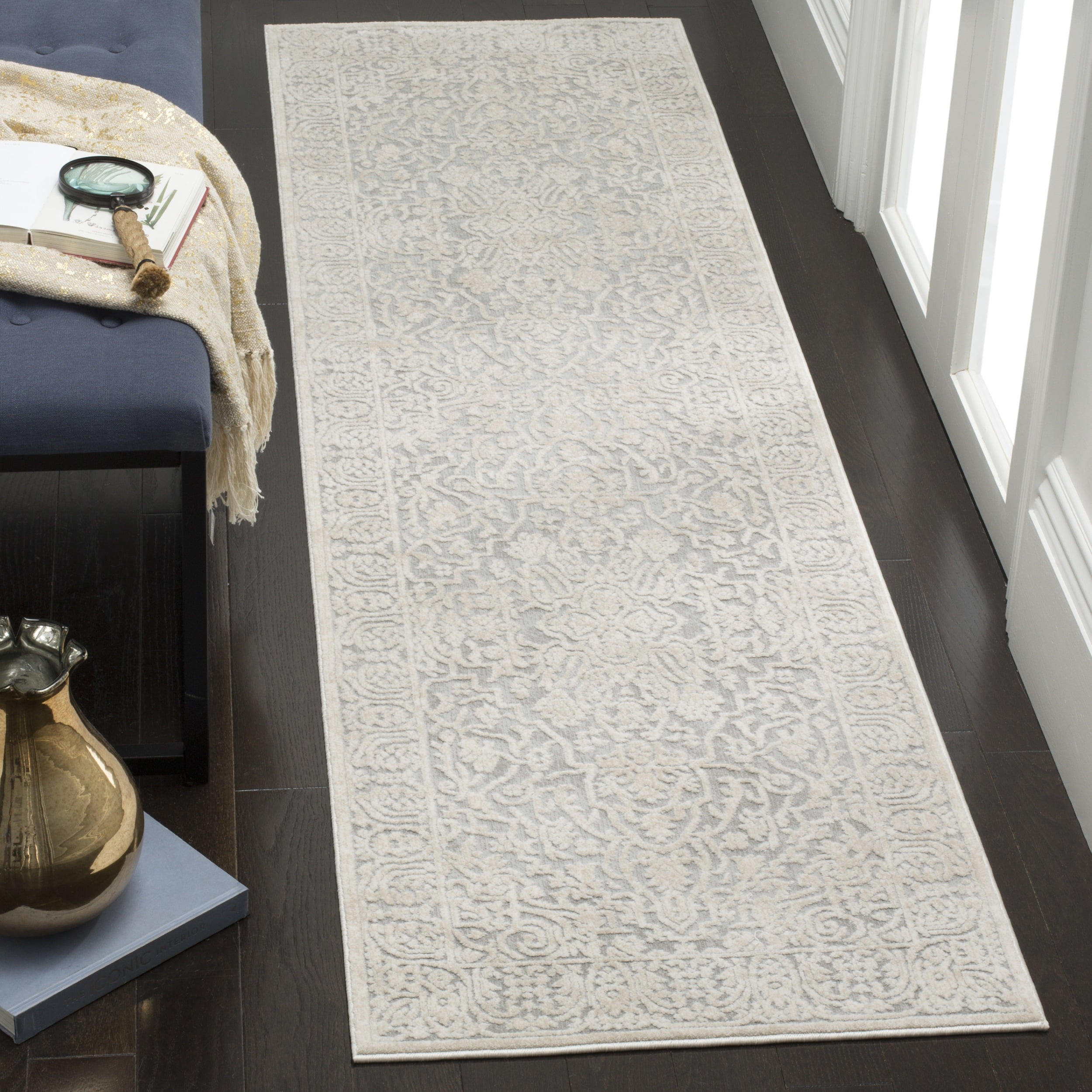 Light Grey and Cream Floral Cotton Area Rug