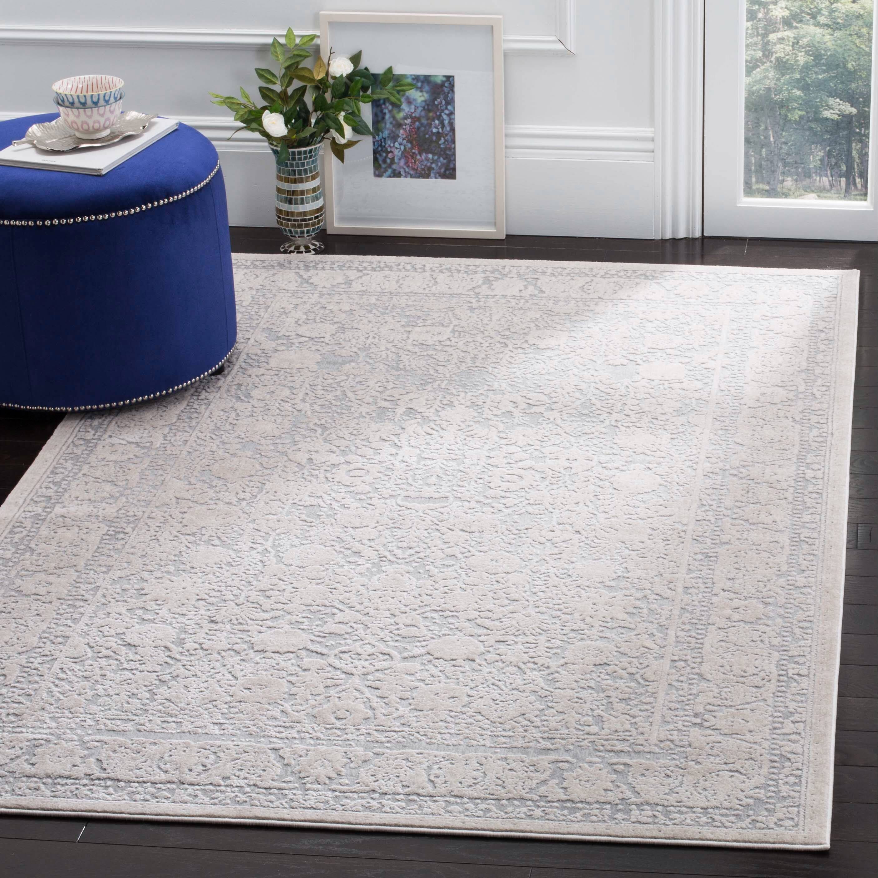Elegant Floral Light Grey & Cream Cotton-Blend 6' x 9' Rug