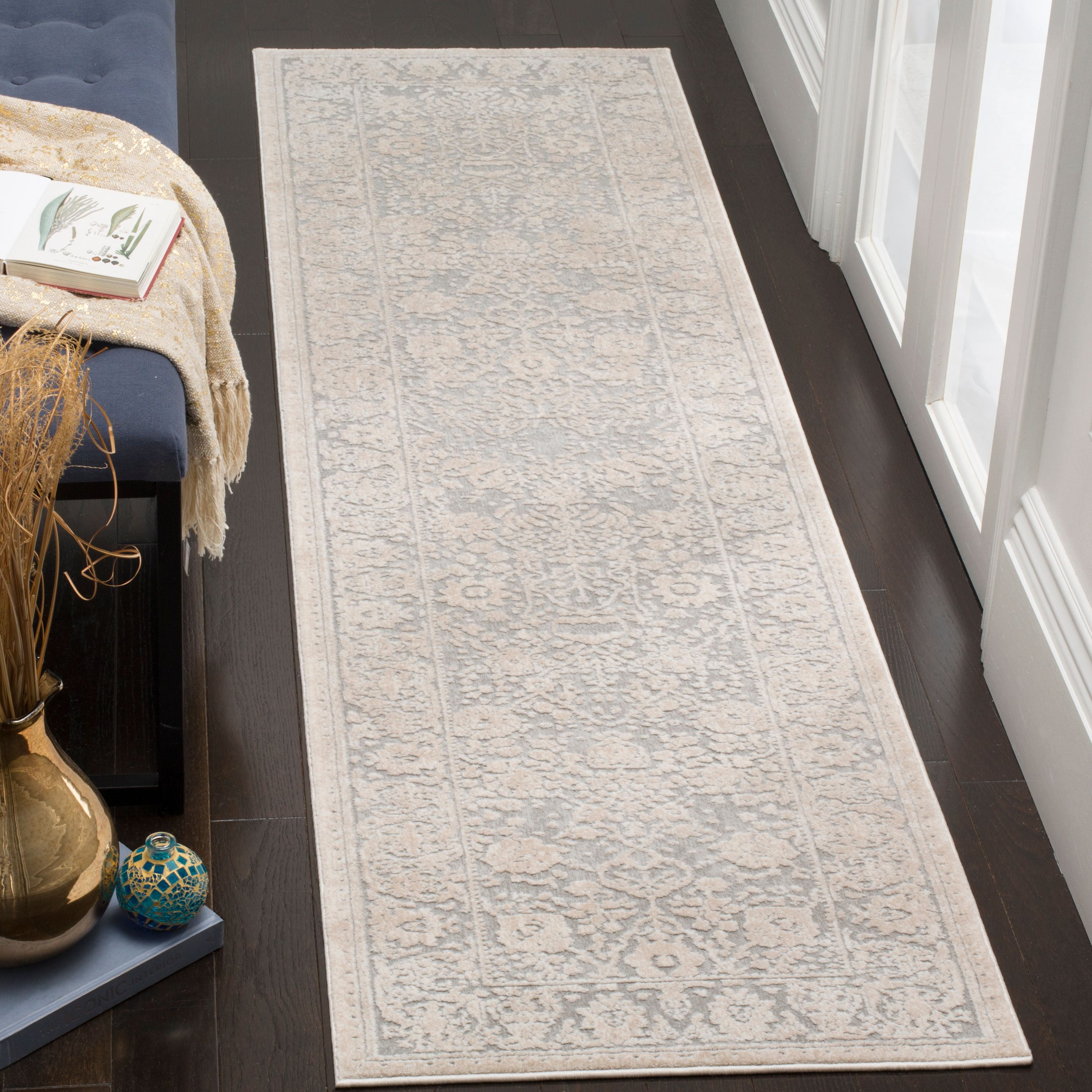Elegant Floral Essence Light Grey & Cream Hand-Knotted Runner Rug