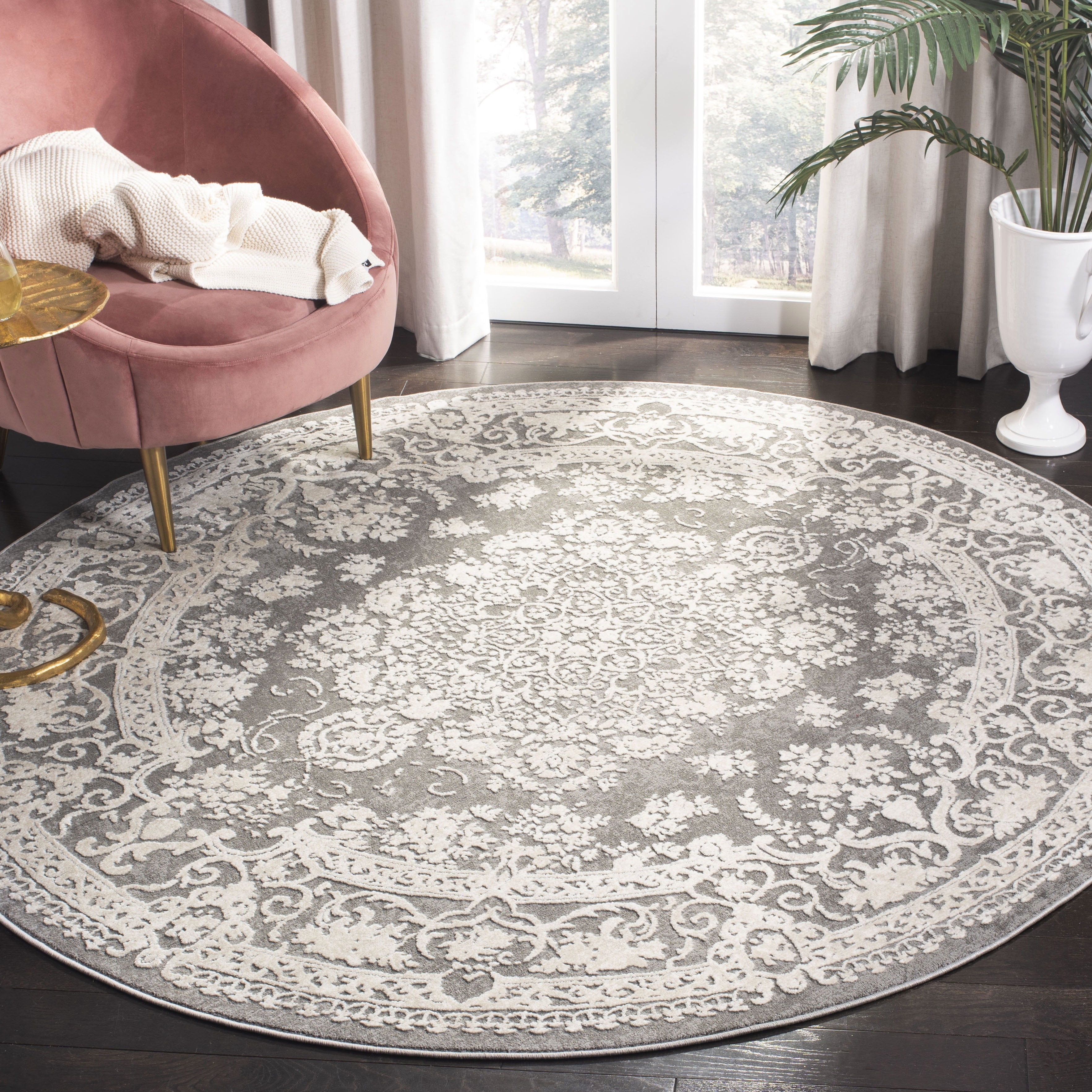 Round Dark Grey and Cream Synthetic Floral Area Rug