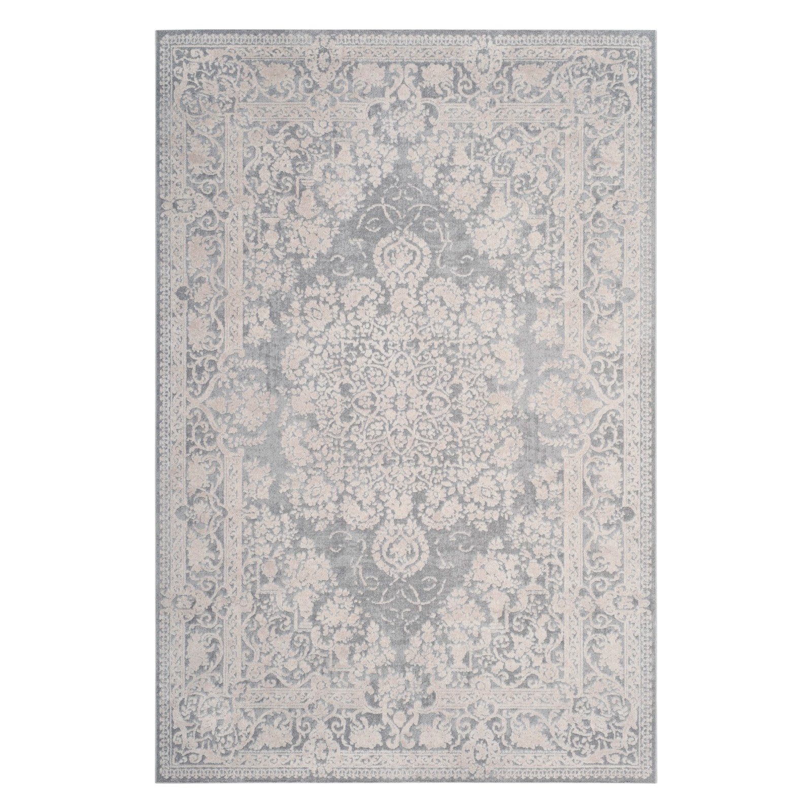 Round Light Grey Cream Floral Synthetic Area Rug