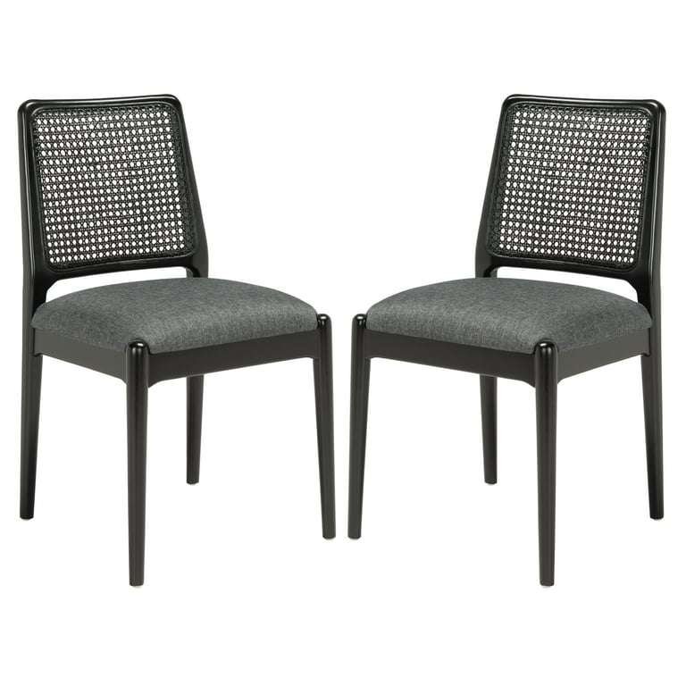 SAFAVIEH Reinhardt Rattan Dining Chair Black Grey Set of 2 19 in. W x 17.5 in. D x 32 in. H
