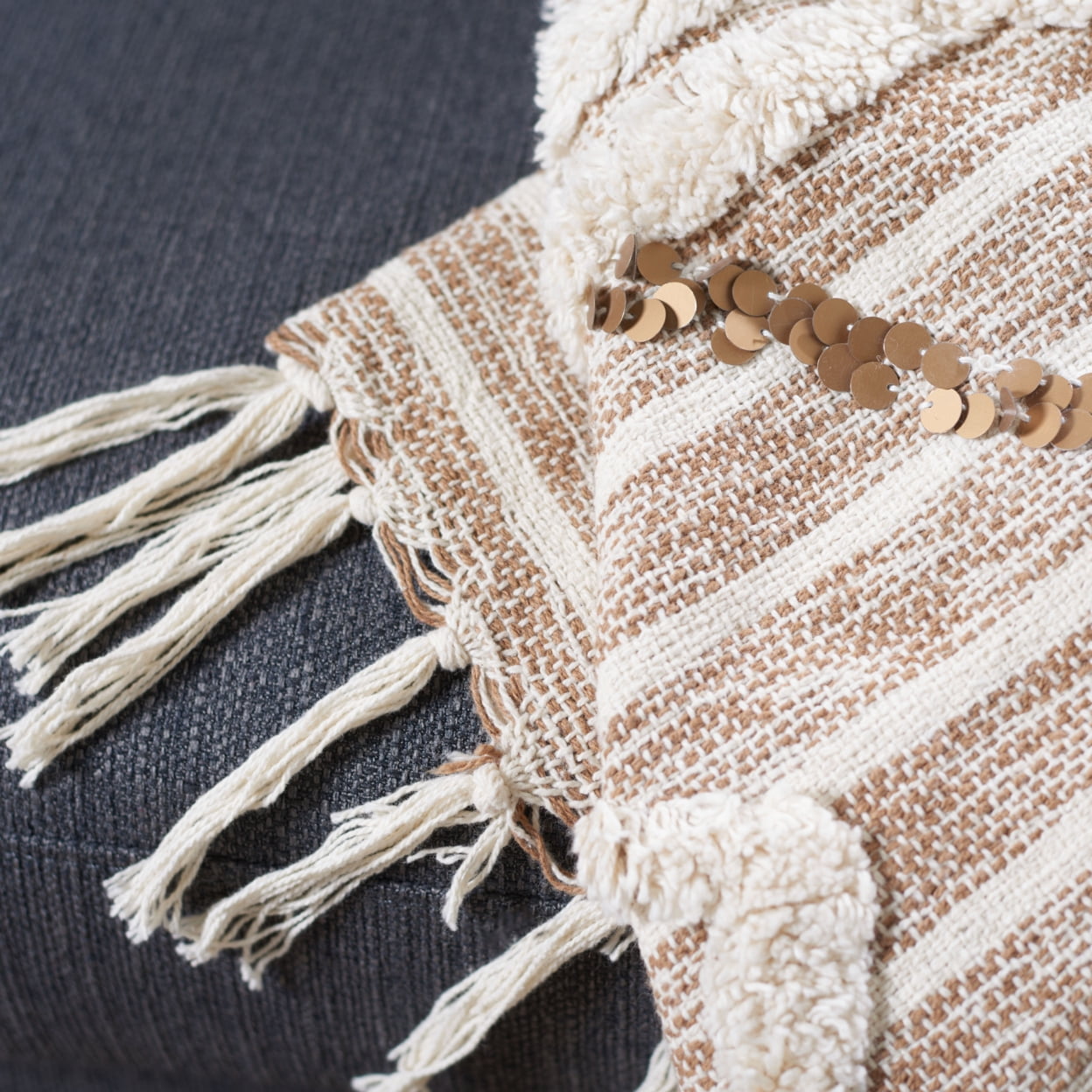 Renali Ivory and Beige Reversible Cotton Throw Blanket