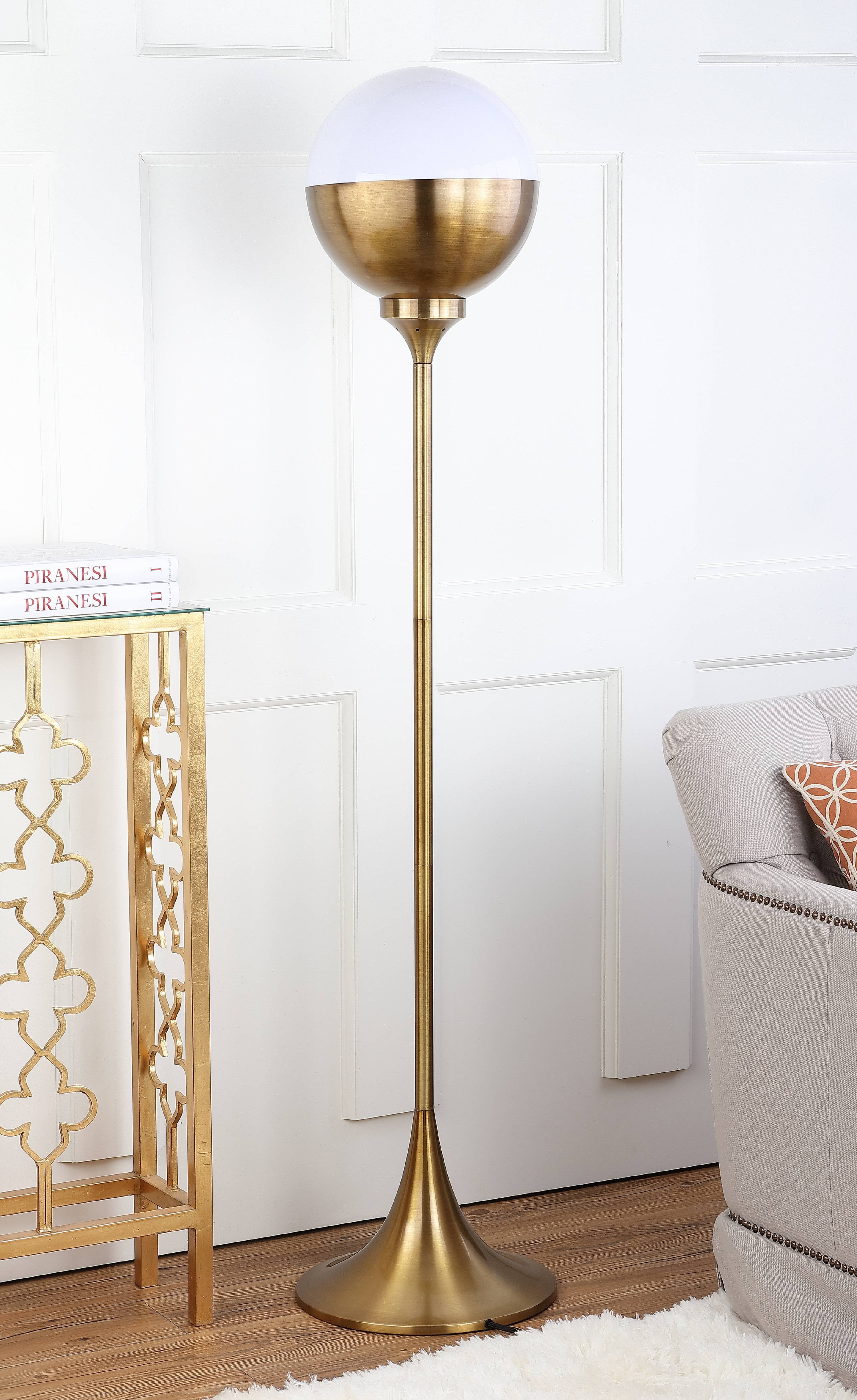 Renato 63.5" Brass Gold Contemporary Floor Lamp with White Globe Shade