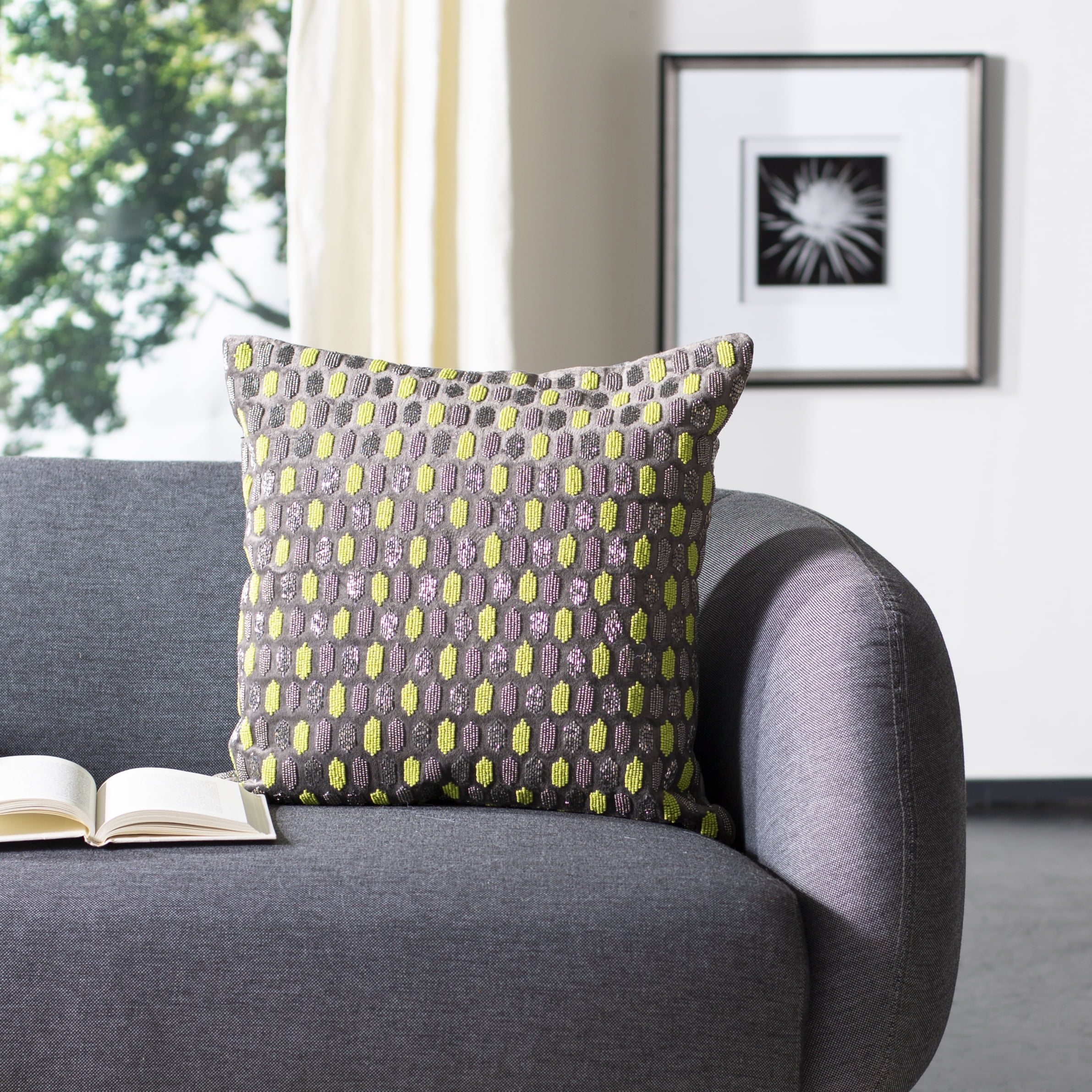 Geometric Grey beaded pillow