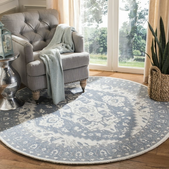 SAFAVIEH Restoration Vintage Aindreas Geometric Area Rug, Ivory/Charcoal, 6' x 6' Round