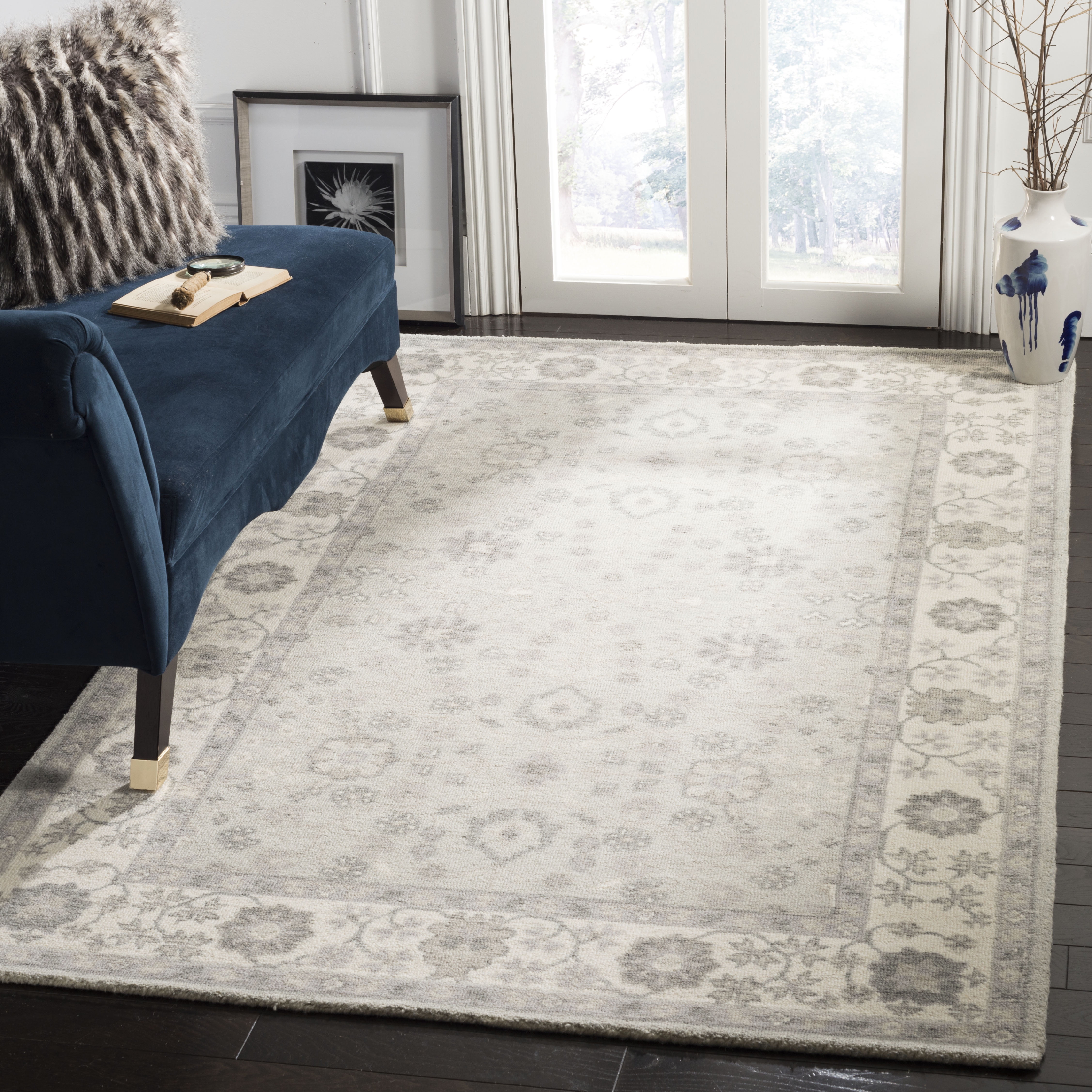 Ivory and Silver Tufted Wool Square Area Rug