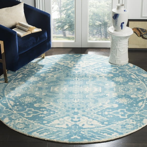 SAFAVIEH Restoration Vintage Eunice Border Wool Area Rug, Light Blue/Ivory, 6' x 6' Round