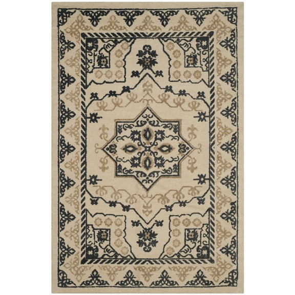 SAFAVIEH Restoration Vintage Katharine Border Wool Area Rug, Ivory/Charcoal, 4' x 6'