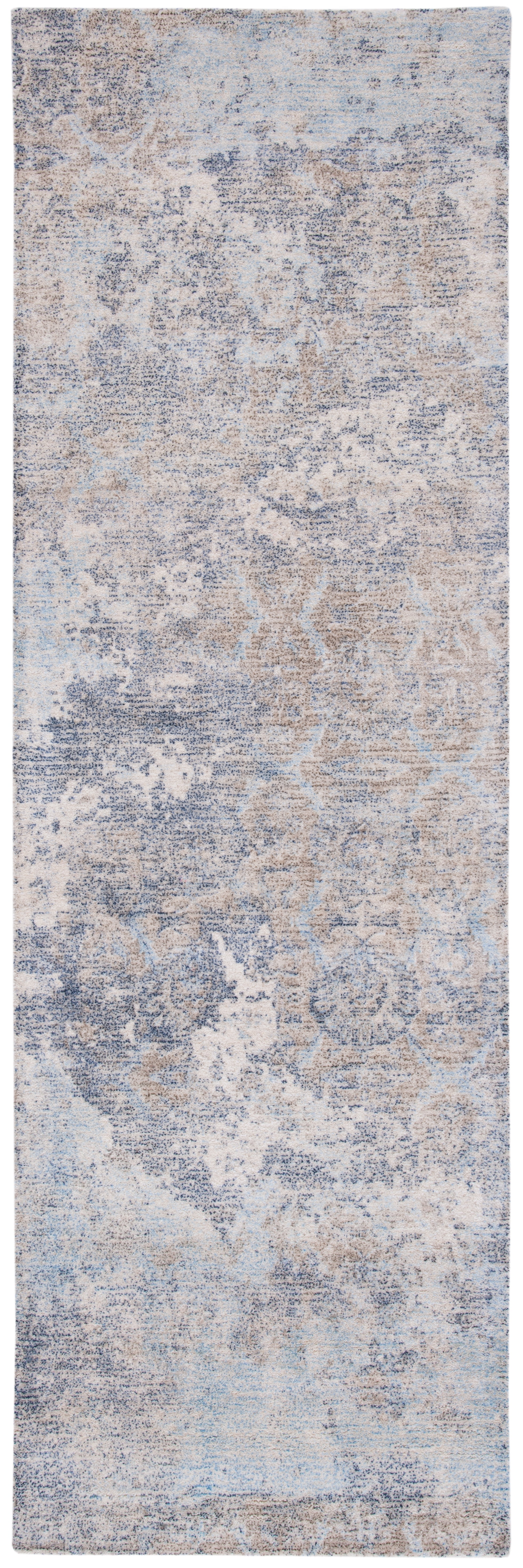 Handmade Blue and Ivory Wool and Viscose Runner Rug