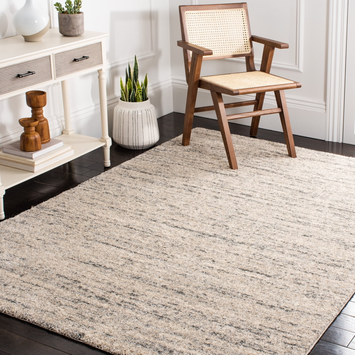 Ivory and Dark Grey Abstract Shag Rug, 4' x 6'