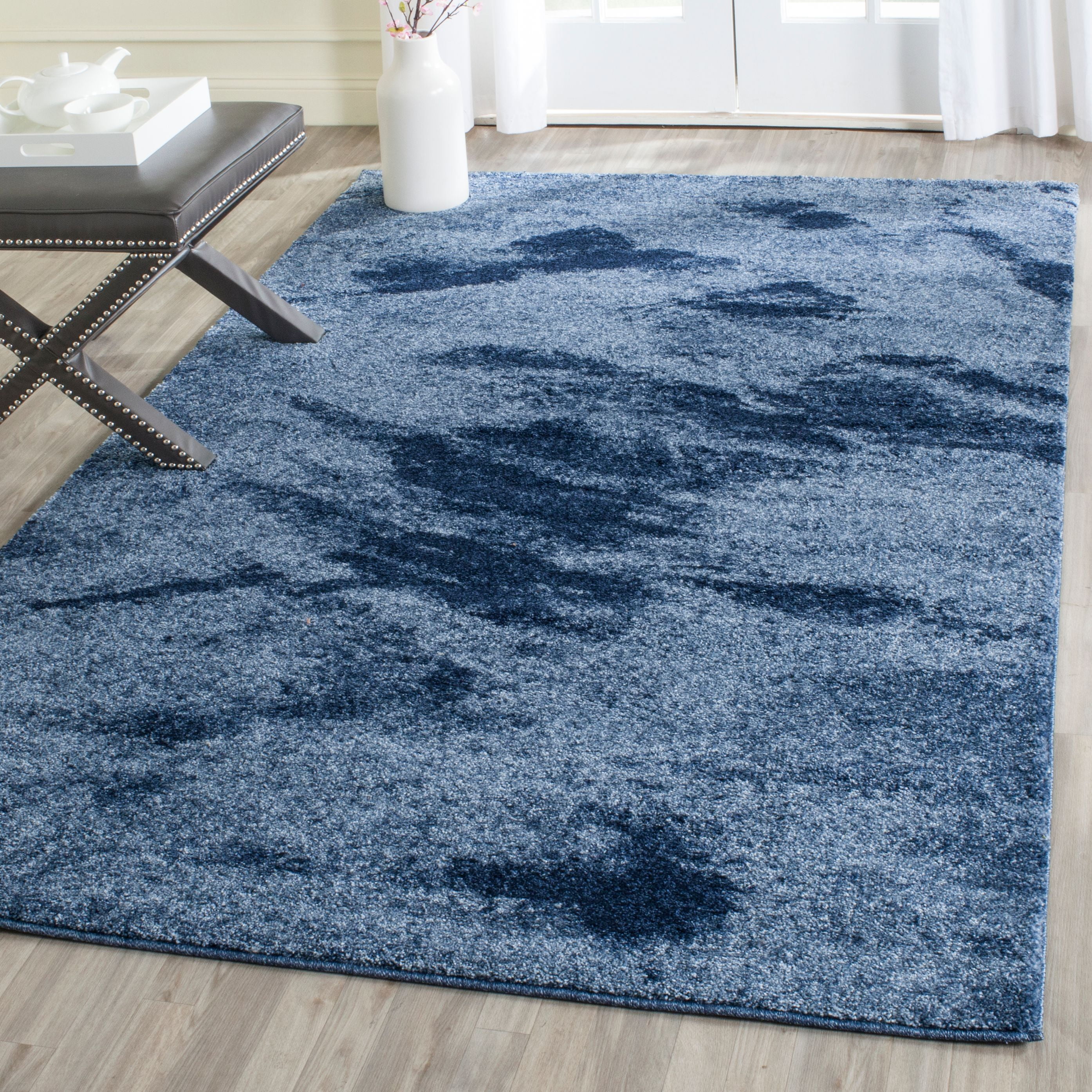 Light Blue and Navy Abstract Square Shag Rug