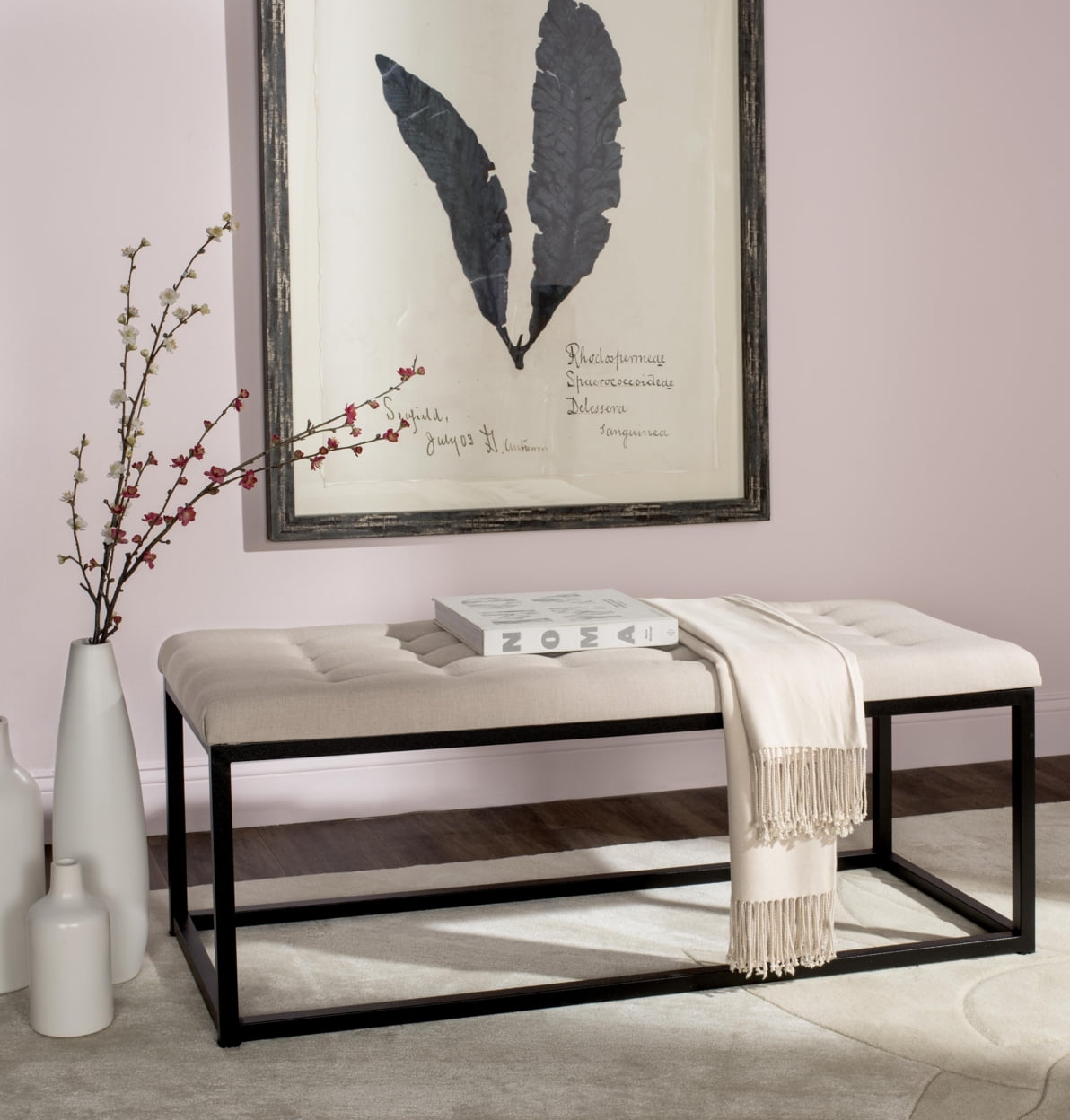 Reynolds Beige and Black Tufted Upholstered Bench