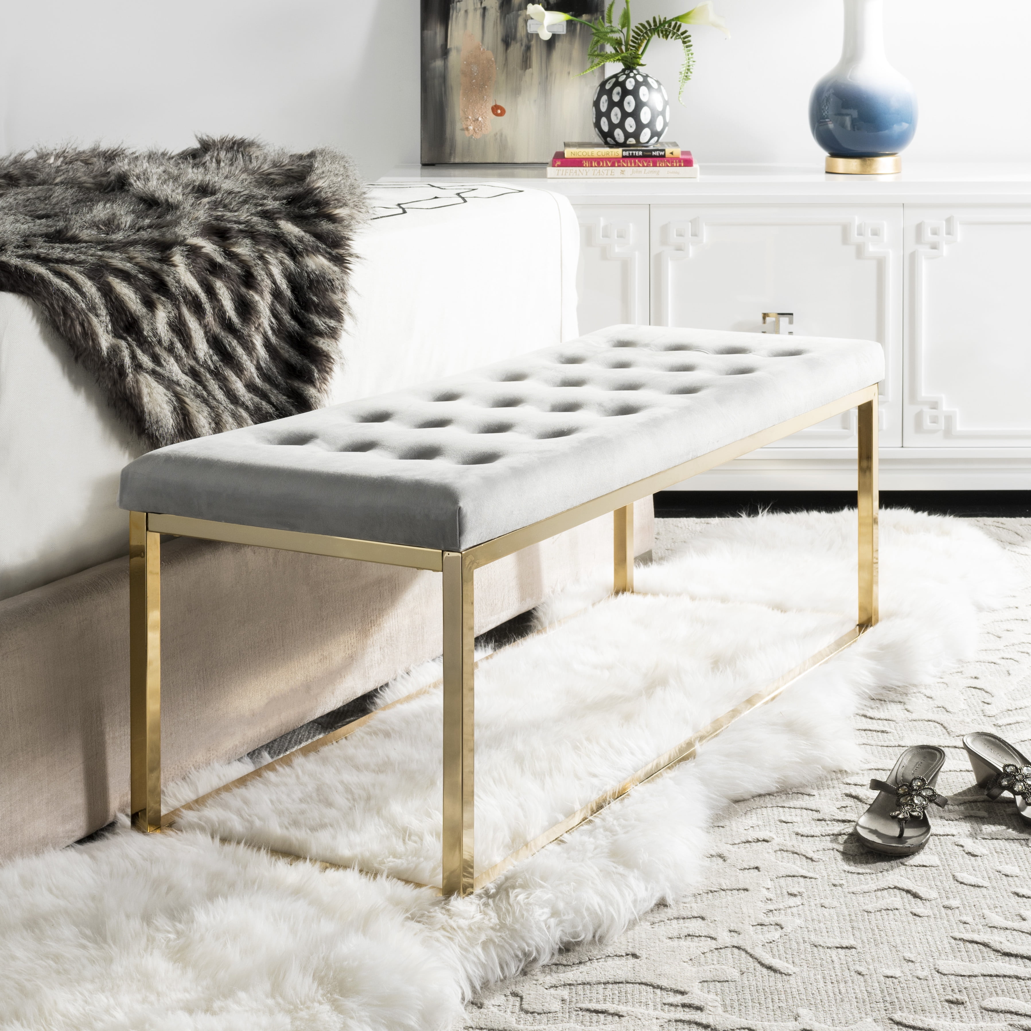 SAFAVIEH Reynolds Contemporary Modern Glam Tufted Bench Grey Brass