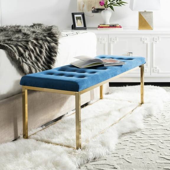 SAFAVIEH Reynolds Contemporary Modern Glam Tufted Bench, Navy/Brass