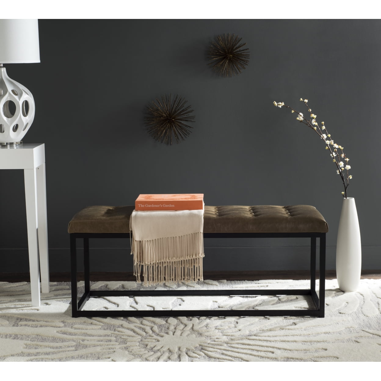 Reynolds 48" Tan and Black Upholstered Bench with Parsons Legs