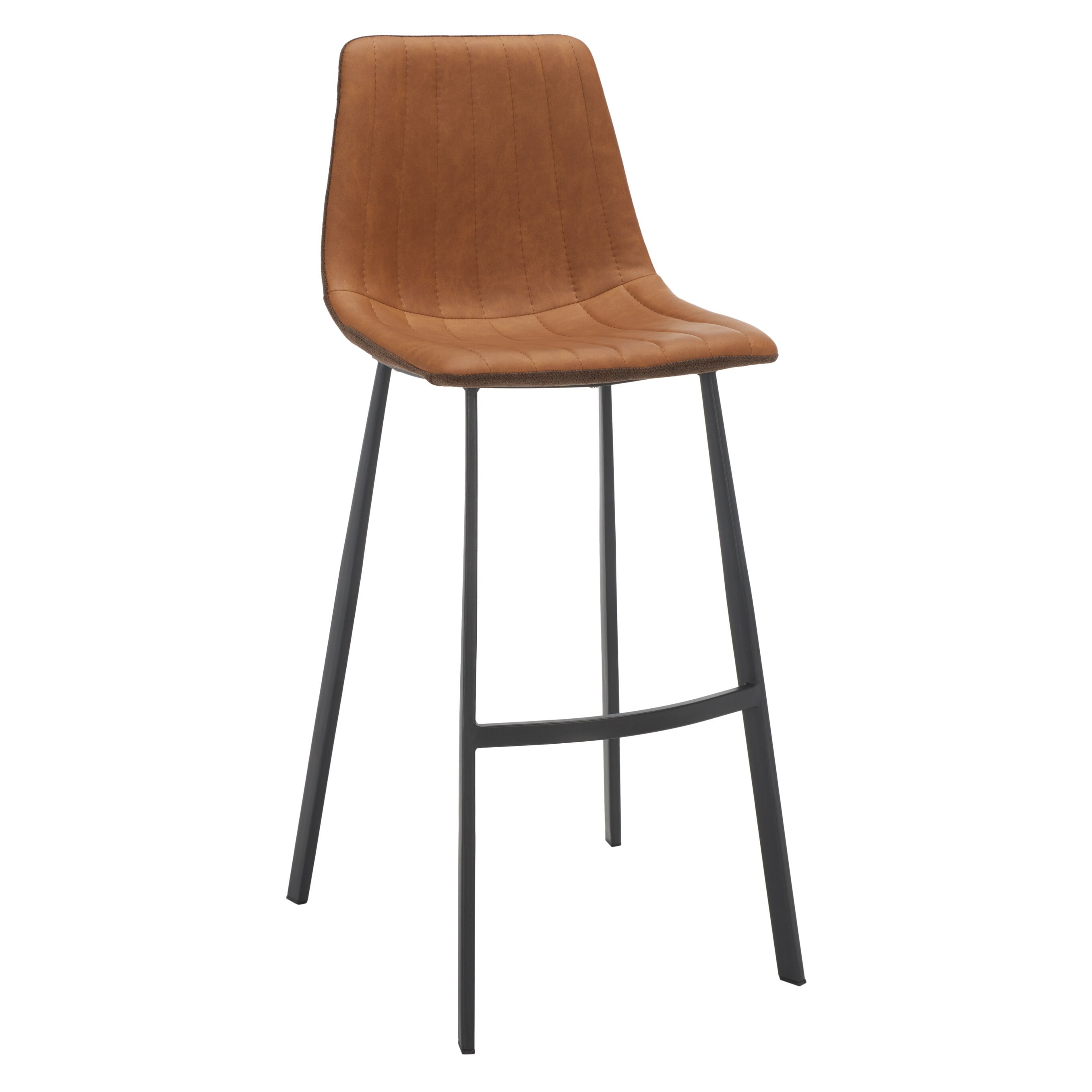 Cognac Vegan Leather & Black Iron Saddle Bar Stool