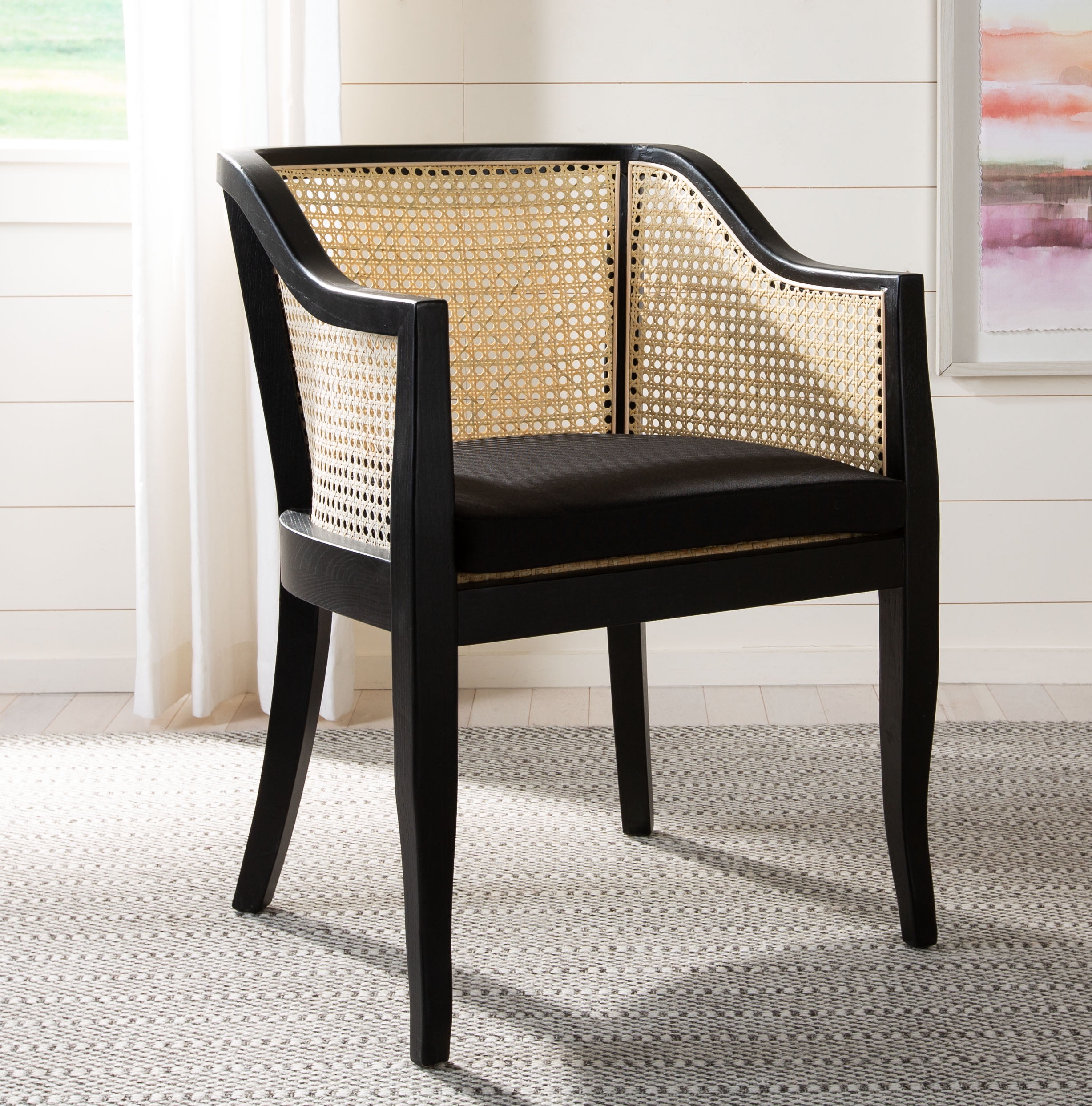 Safavieh Rina Farmhouse Adult Nautical Elm Wood Rattan Solid Print Dining Side Chairs, Black/Natural (Set of 1)