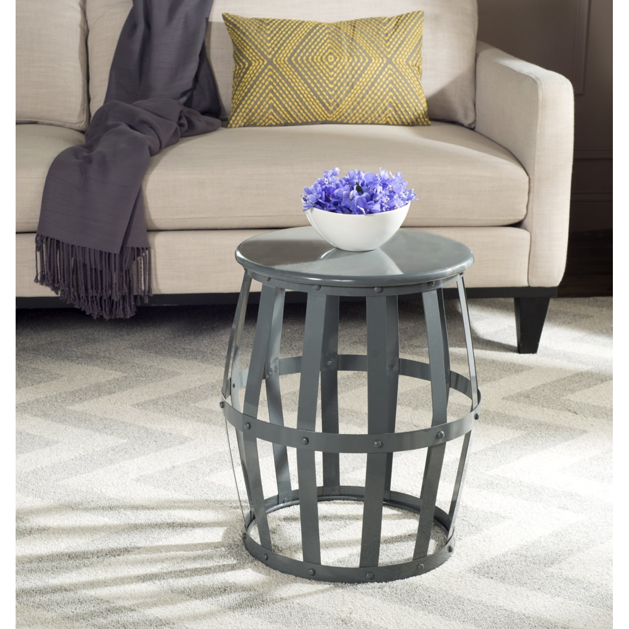 Gray Round Metal Transitional Accent Table