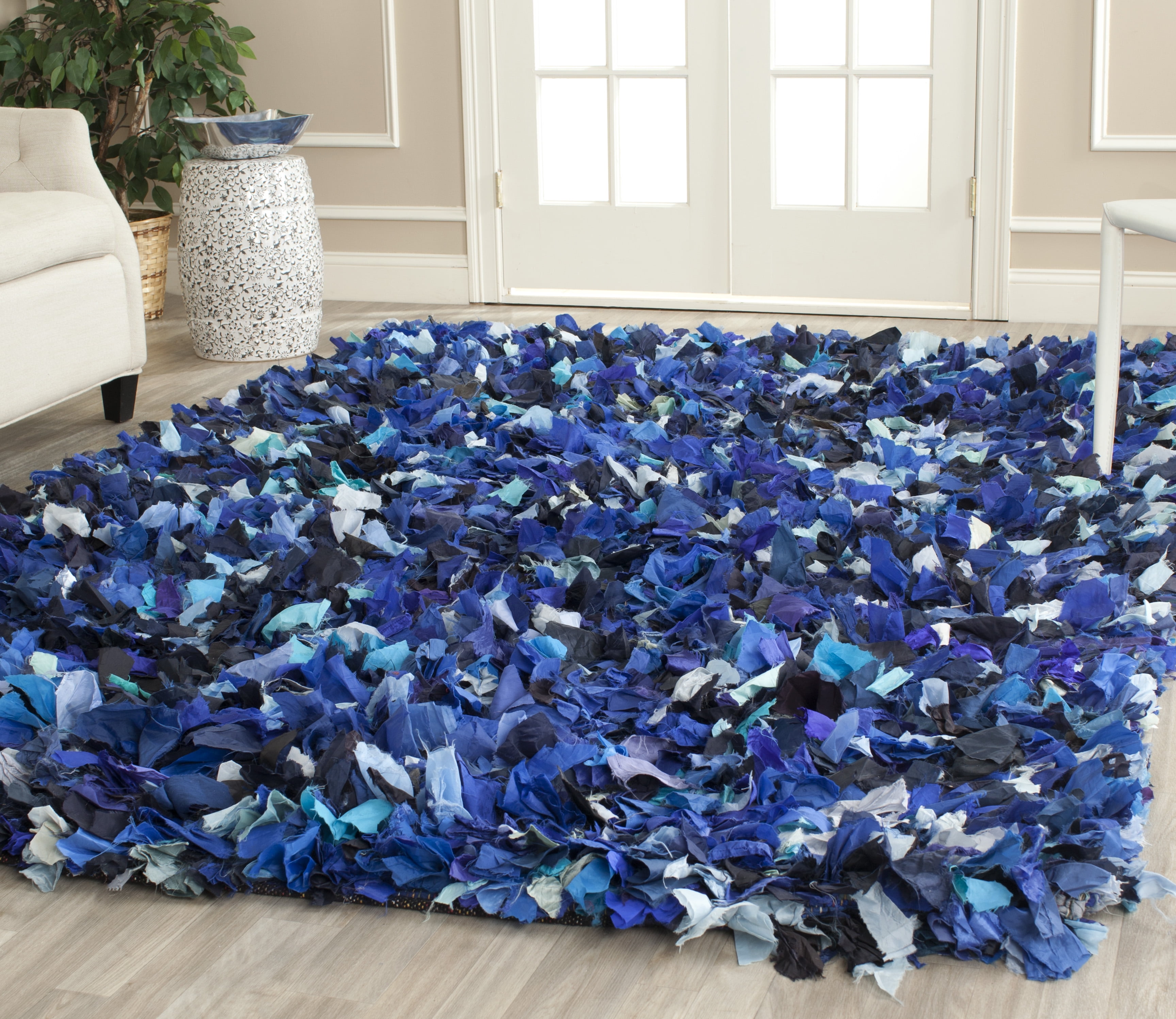 SAFAVIEH Rio Cassandra Confetti Polyester Shag Area Rug, Blue/Multi, 8' x 8' Square