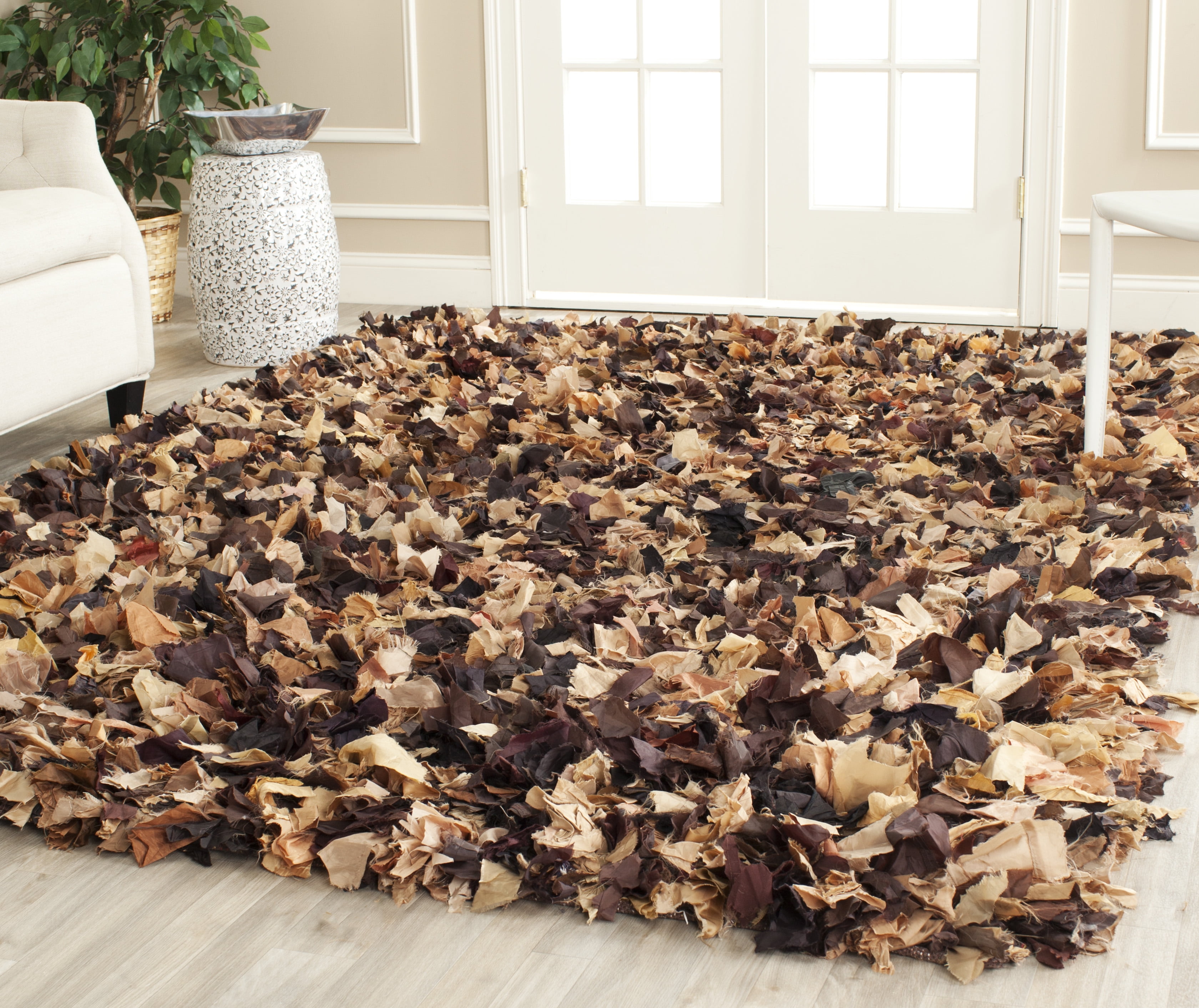Handmade Brown and Multicolor Rectangular Shag Area Rug