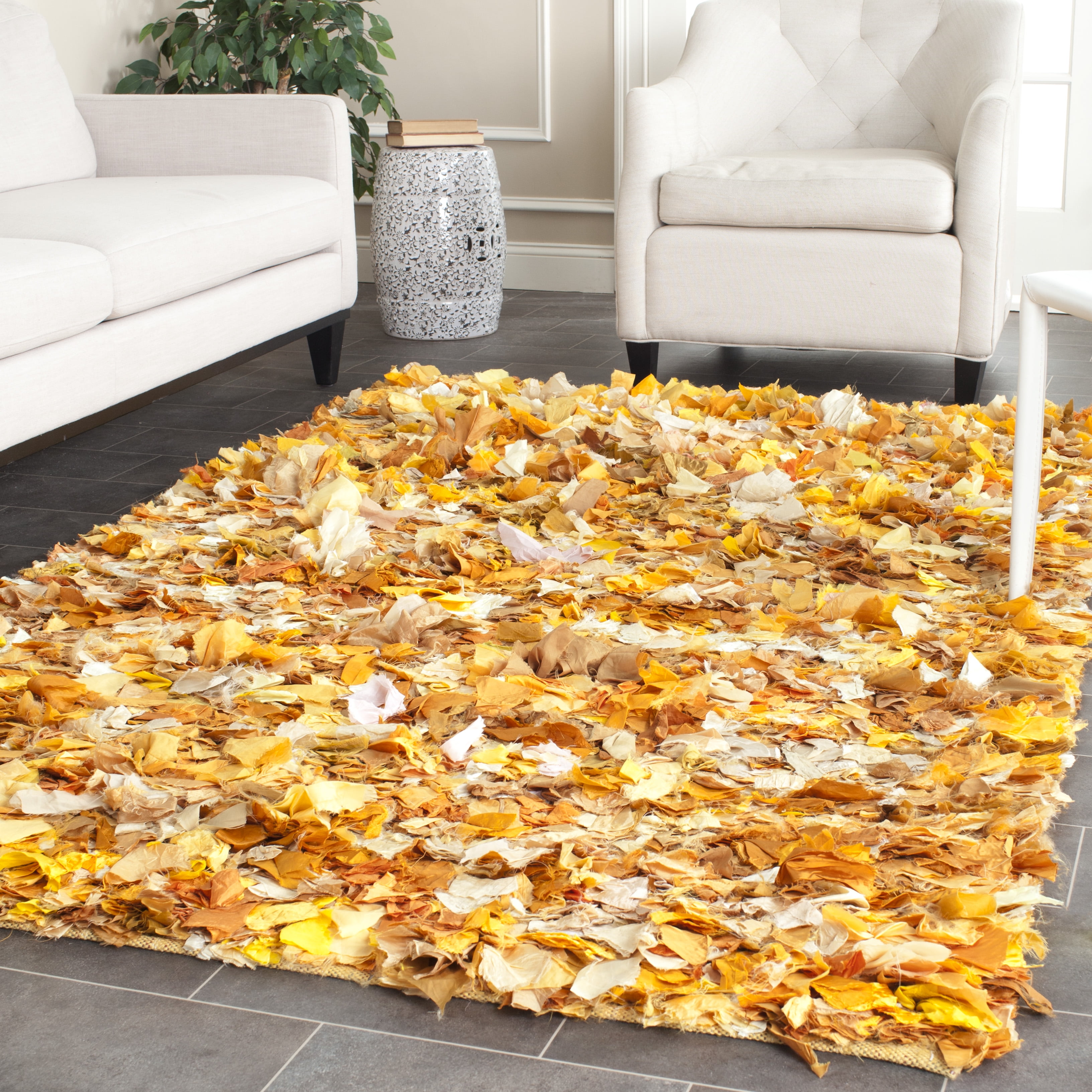 Handmade Ivory Shag Cotton-Synthetic Blend Rug 6' x 9'
