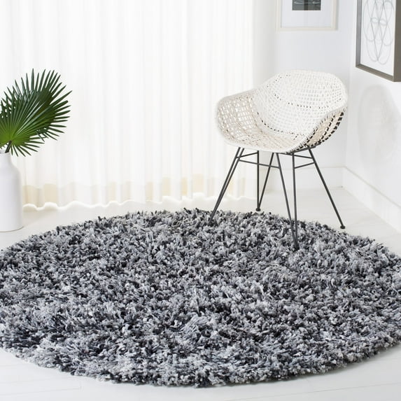 SAFAVIEH Rio Kynaston Solid Polyester Shag Area Rug, Black/Ivory, 6' x 6' Round