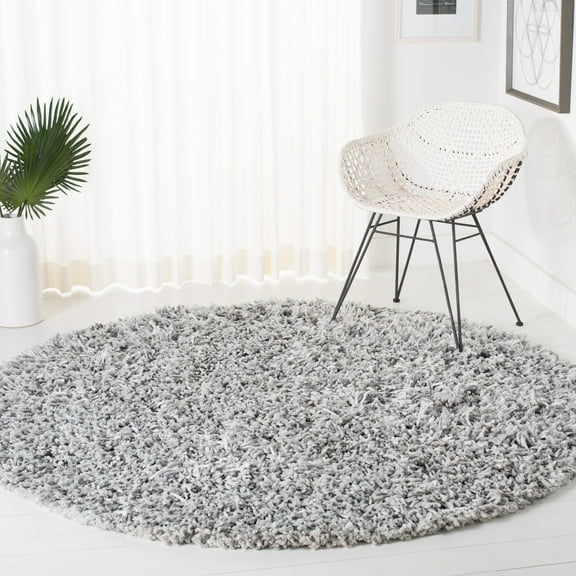 SAFAVIEH Rio Kynaston Solid Polyester Shag Area Rug, Grey/Ivory, 6' x 6' Round