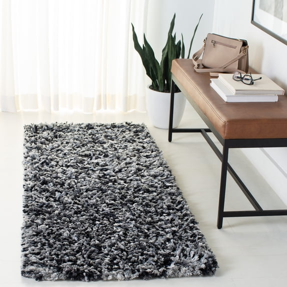 SAFAVIEH Rio Kynaston Solid Polyester Shag Runner Rug, Black/Ivory, 2'3" x 6'