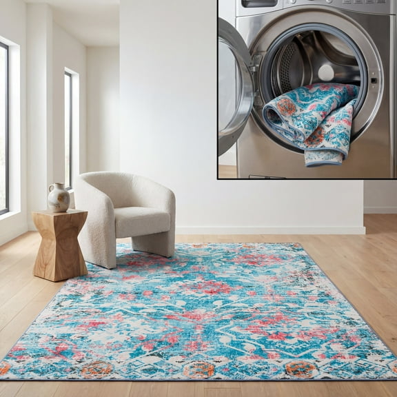 SAFAVIEH Riviera Dzvezda Abstract Polyester Machine Washable Area Rug, Light Blue/Pink, 6'7" x 6'7" Square