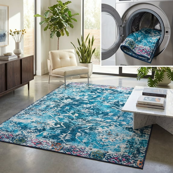 SAFAVIEH Riviera Dzvezda Abstract Polyester Machine Washable Area Rug, Navy/Light Blue, 4'5" x 6'5"
