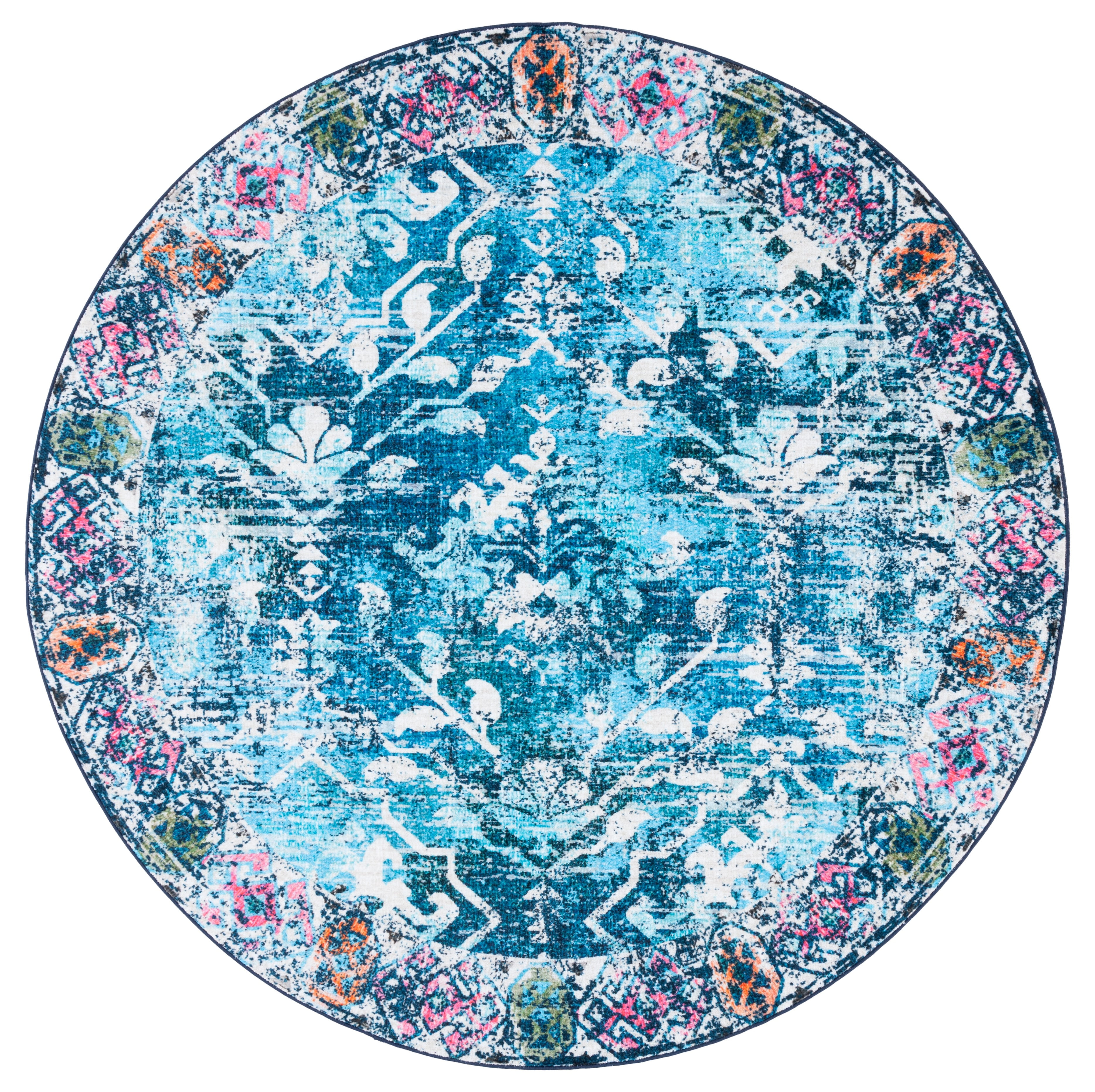 Navy and Light Blue Round Synthetic Washable Area Rug
