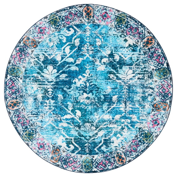 SAFAVIEH Riviera Dzvezda Abstract Polyester Machine Washable Area Rug, Navy/Light Blue, 6'7" x 6'7" Round