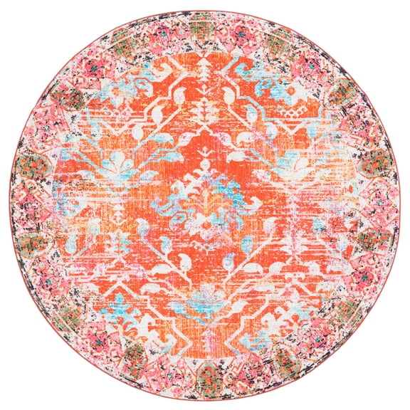 SAFAVIEH Riviera Dzvezda Abstract Polyester Machine Washable Area Rug, Orange/Light Blue, 6'7" x 6'7" Round
